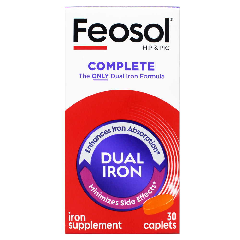 Feosol Complete bottle label closeup signals trusted iron supplementation.