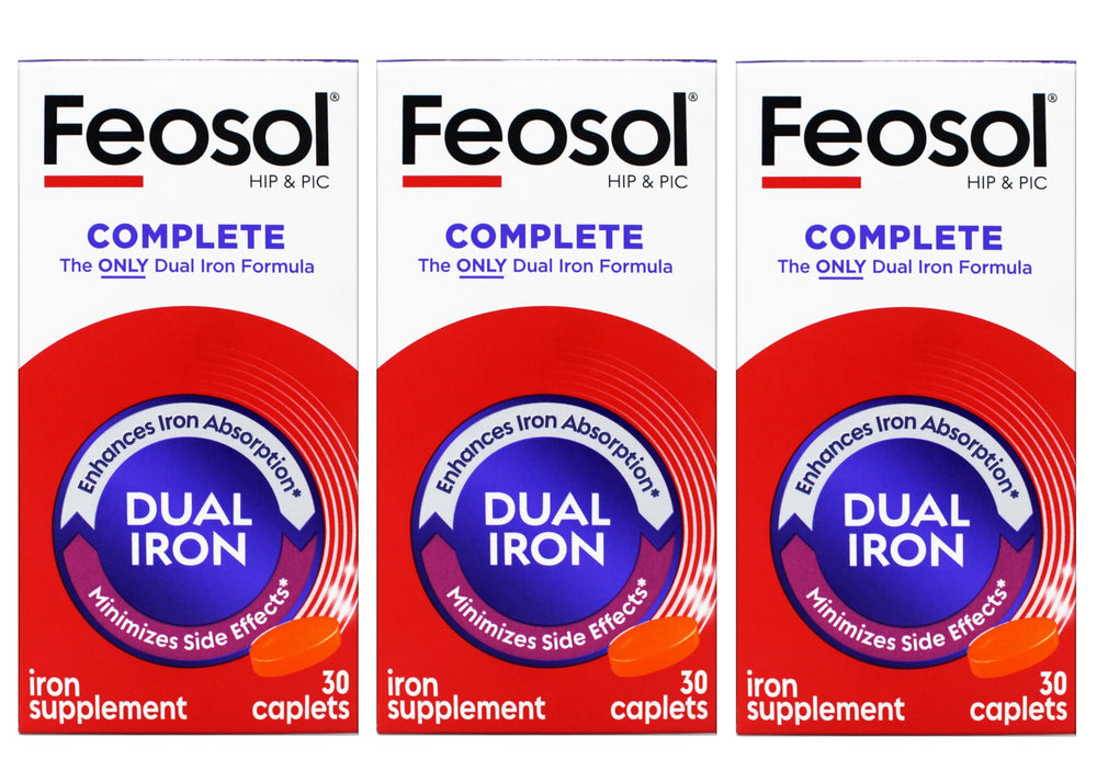 Feosol Complete caplets in a bottle front for daily iron support.