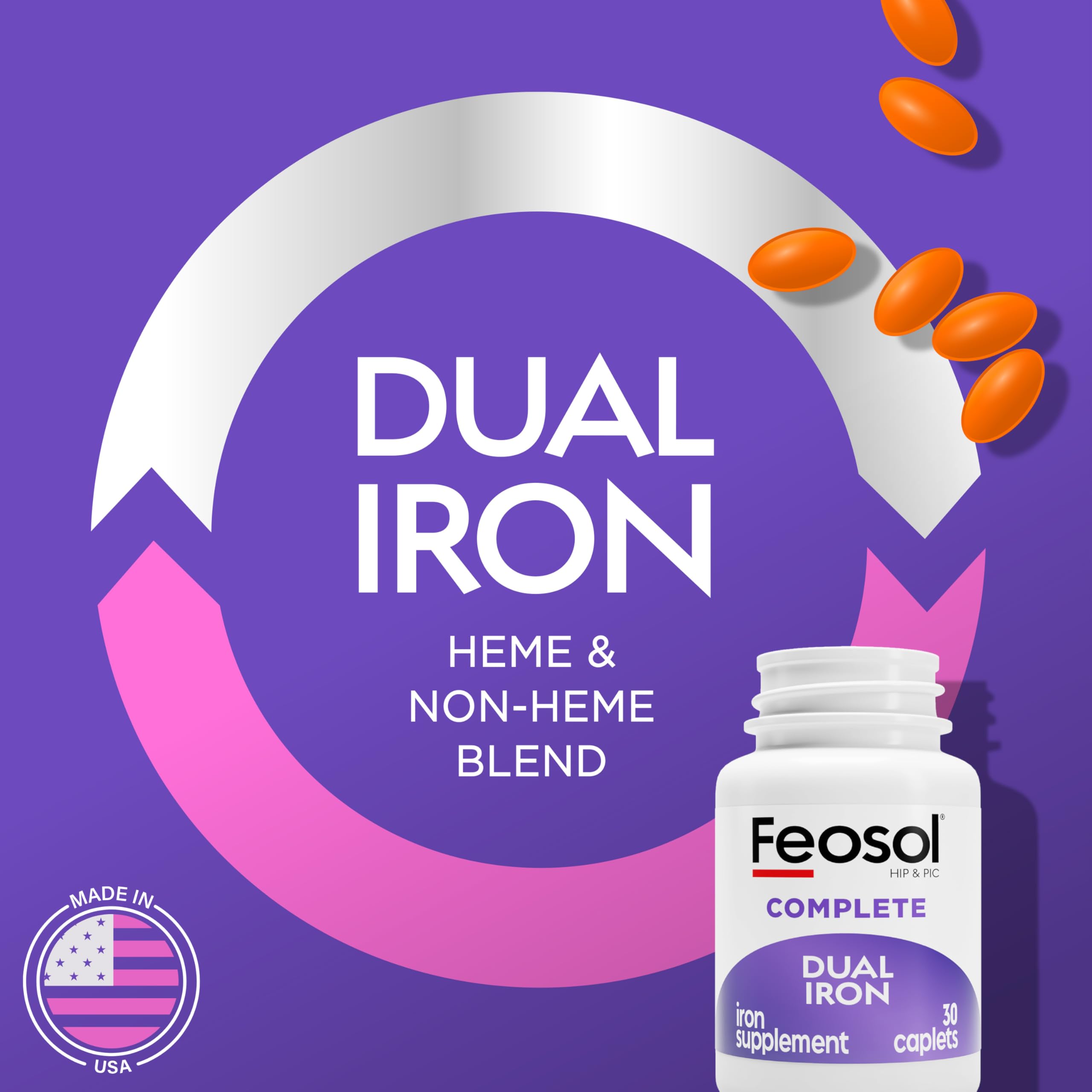 Feosol Complete Iron bottle back label with ingredients and dosage details.