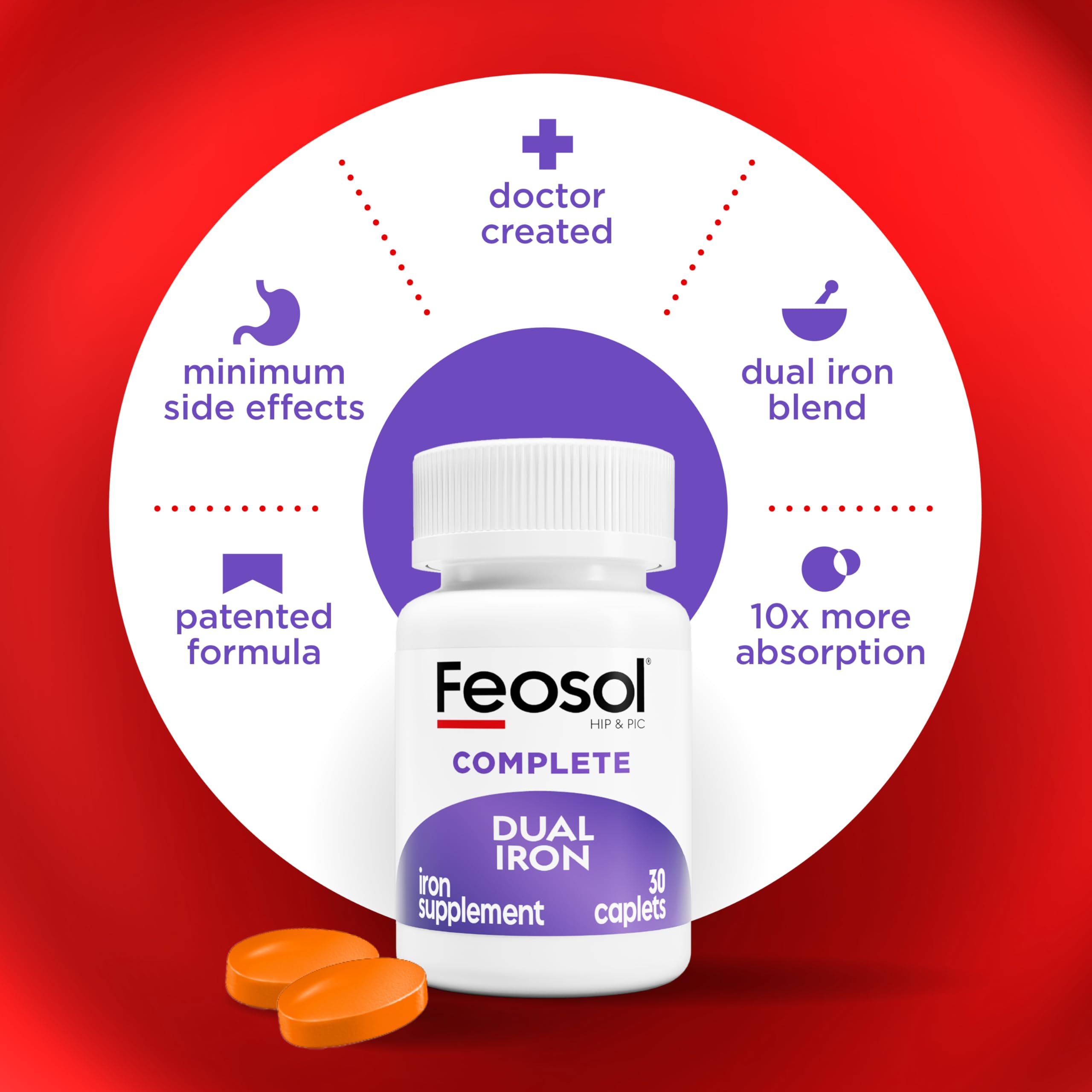 Feosol Complete Iron caplet close-up highlighting small, easy-to-swallow coating.