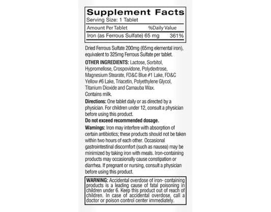 Feosol Original bottle back label with dosage information