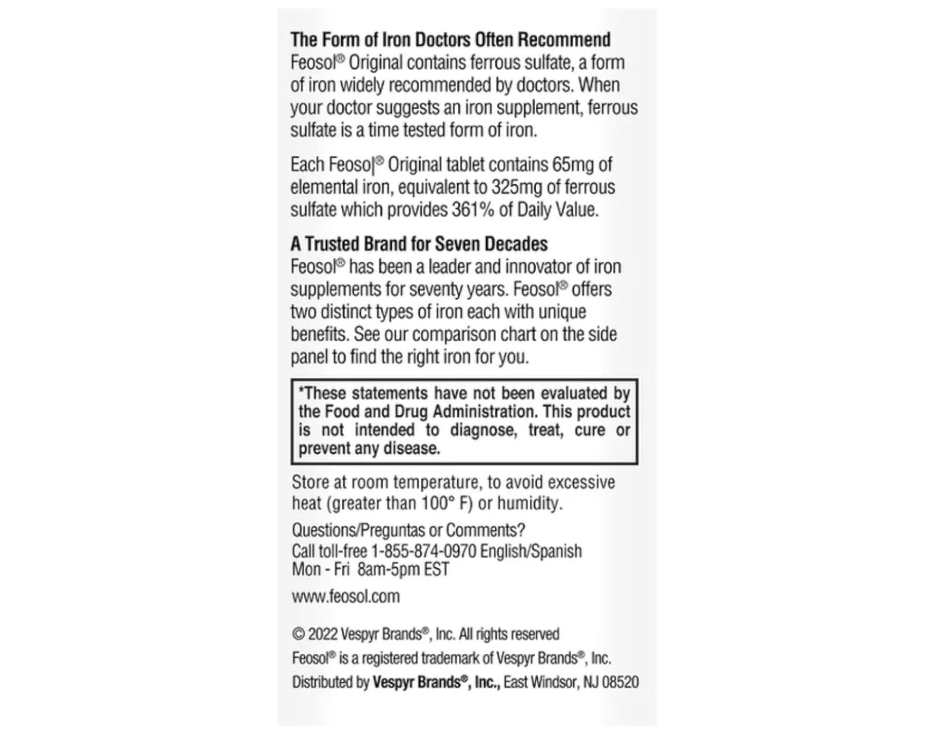 Feosol Original dosage info close-up highlighting 65 mg iron