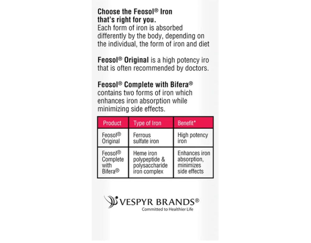 Feosol Original tablets inside bottle showing iron per tablet