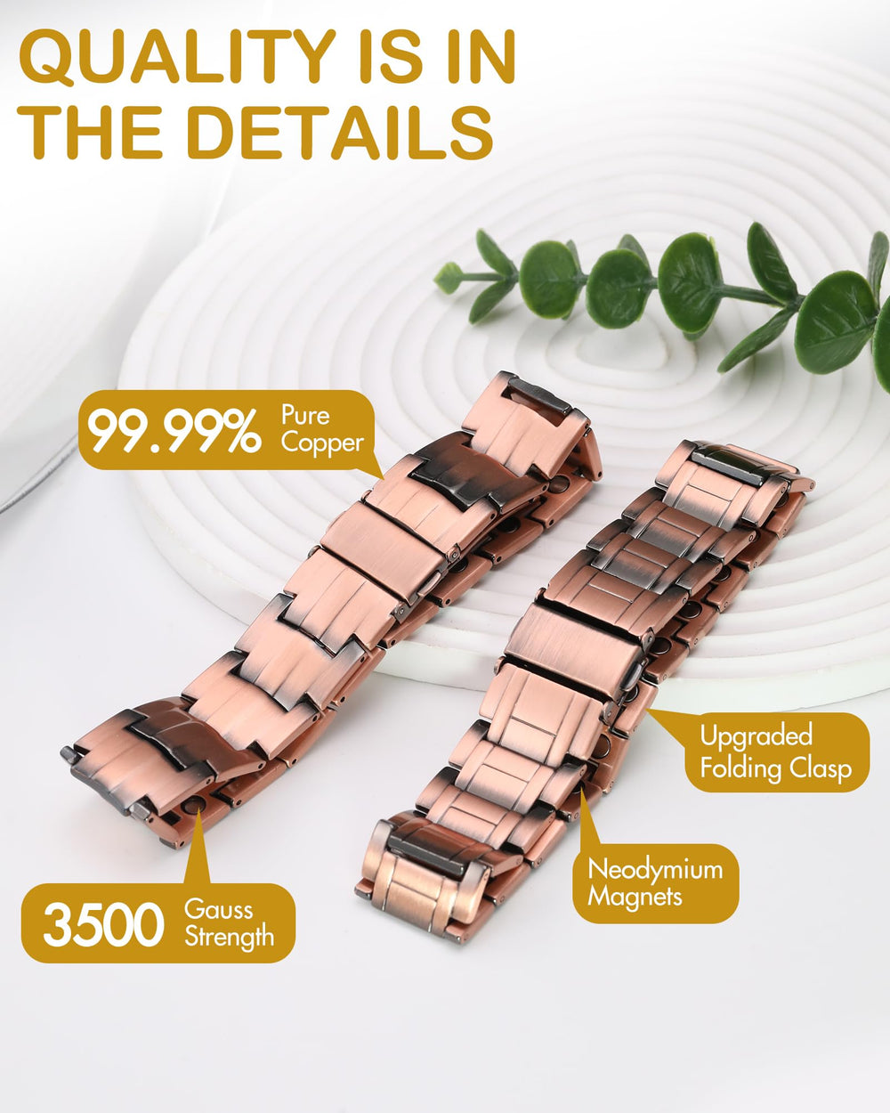Feraco copper bracelet folding clasp demonstrates easy wear and secure fit.