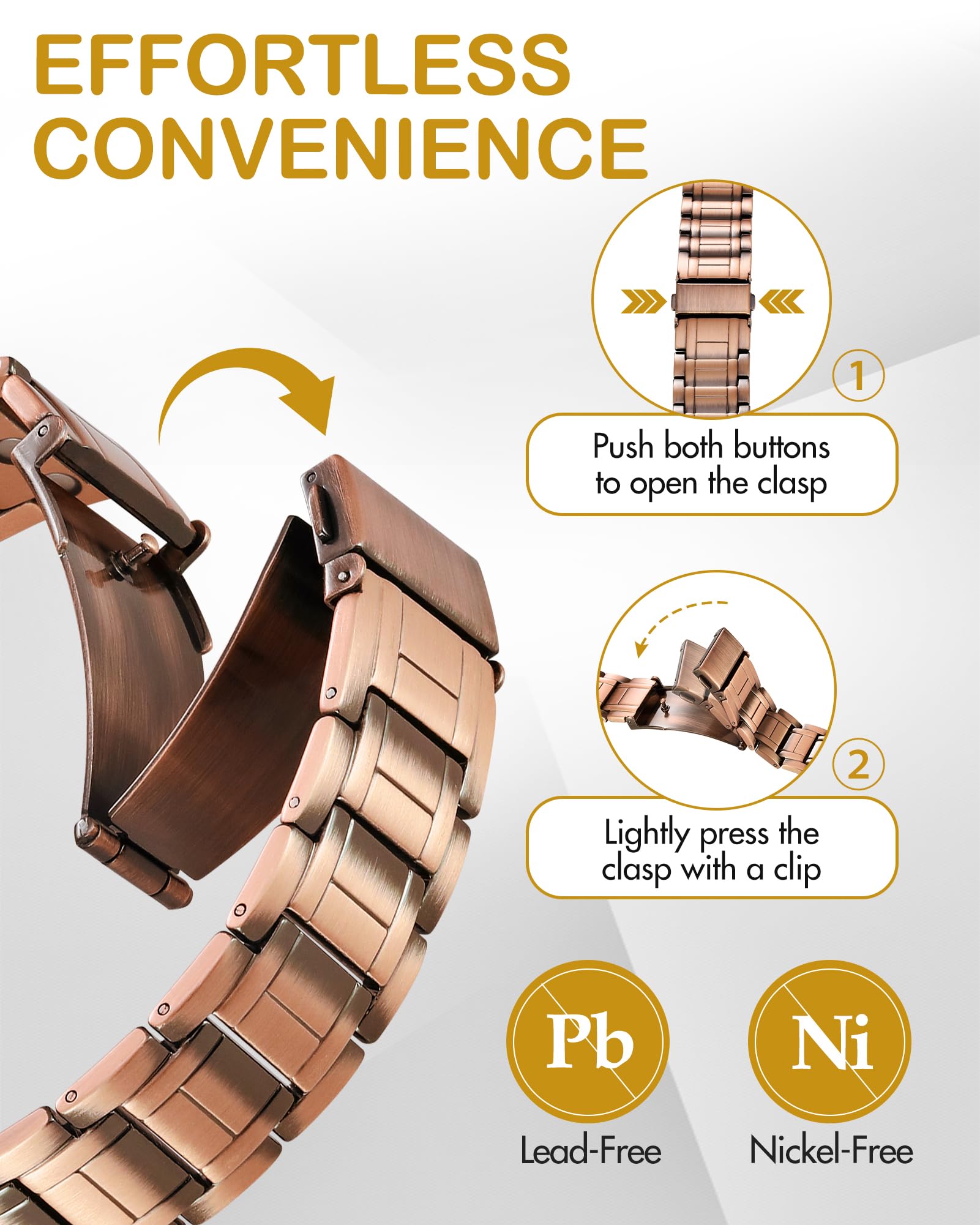 Feraco copper bracelet on wrist showcases timeless design for any occasion.
