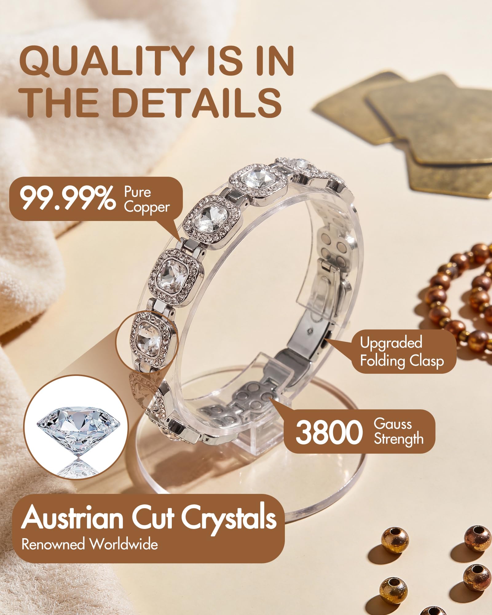 Feraco copper bracelet Austrian crystals reflect light for day to night wear