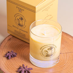 Feret Parfumeur Parisian garden dawn scene candle glow enhances a tranquil morning ritual.