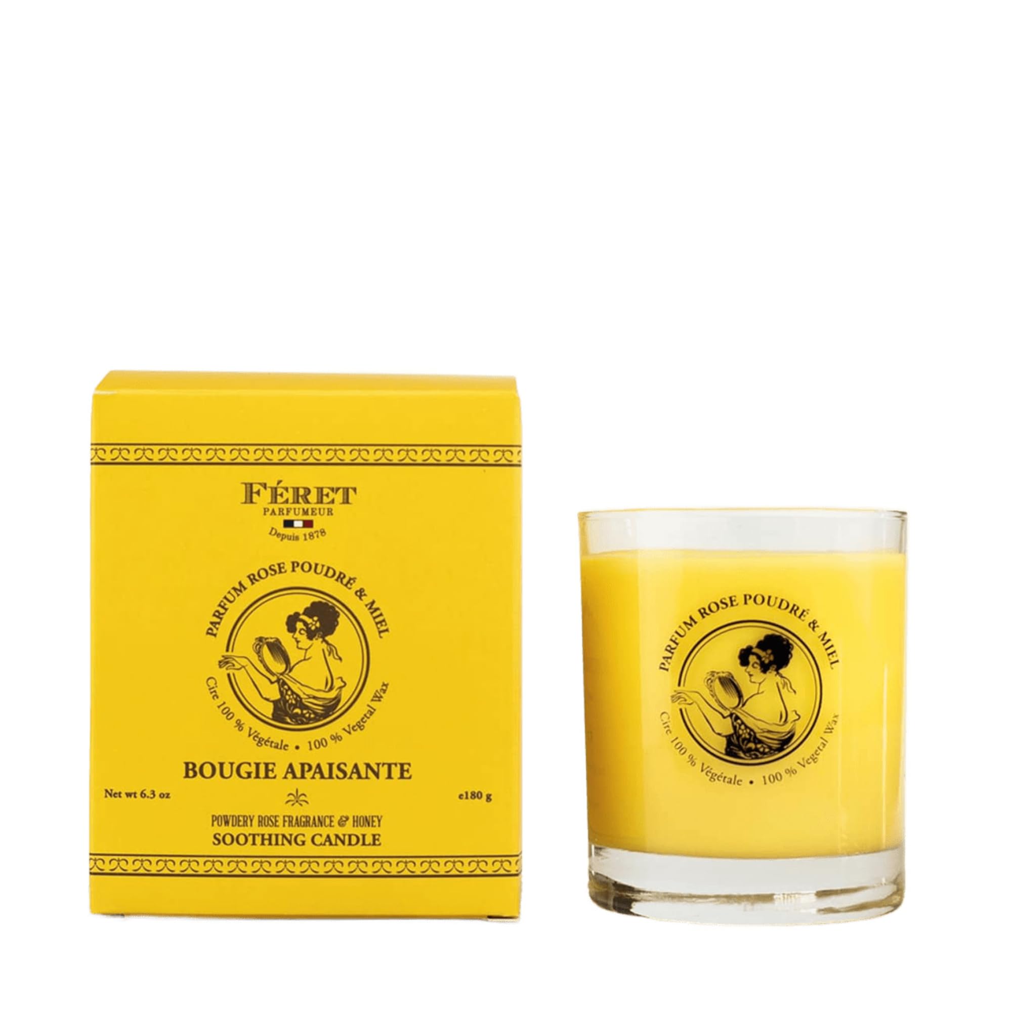 Feret Parfumeur Soothing Scented Candle closeup shows powder rose honey aroma for a calming ambience.