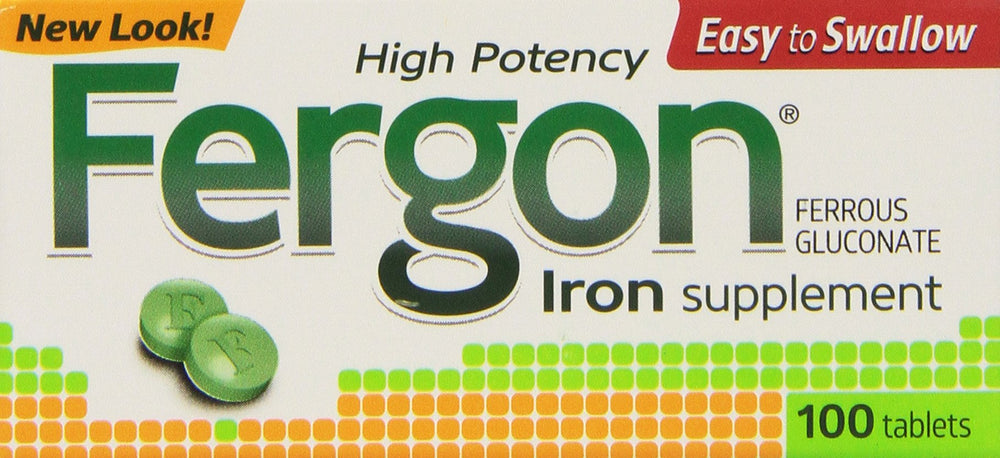 Fergon iron supplement bottle label shows daily iron support
