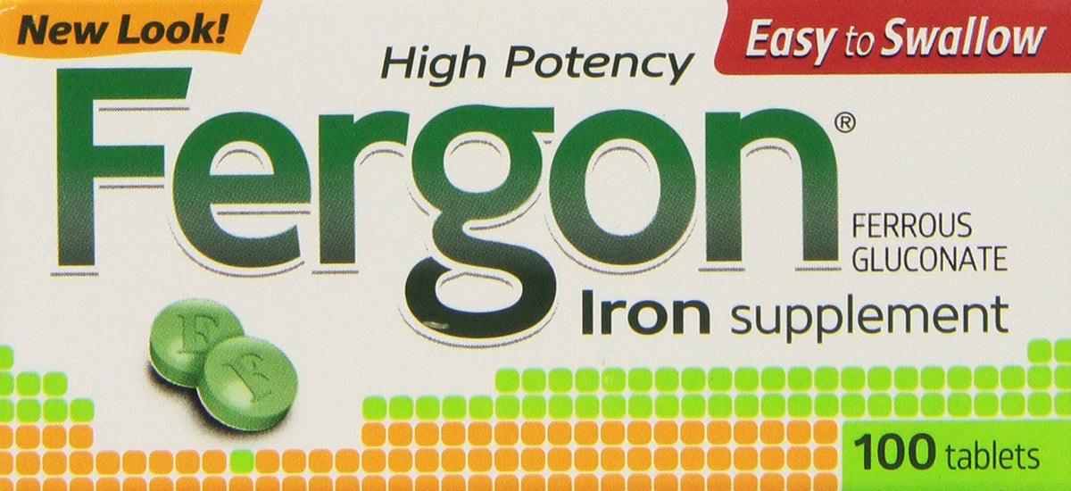 Fergon iron supplement bottle label shows daily iron support