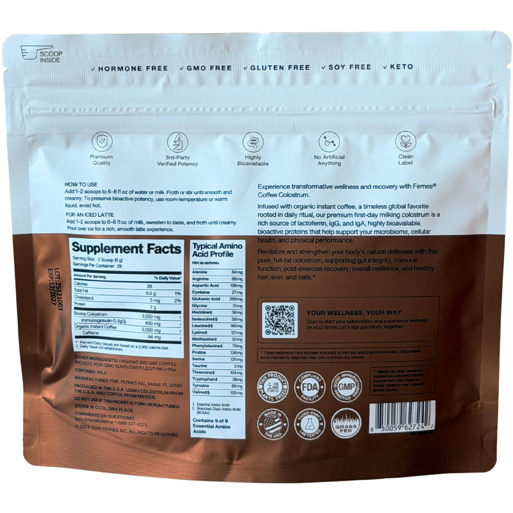 Fernes Coffee Colostrum organic blend image shows smooth flavor and natural caffeine boost