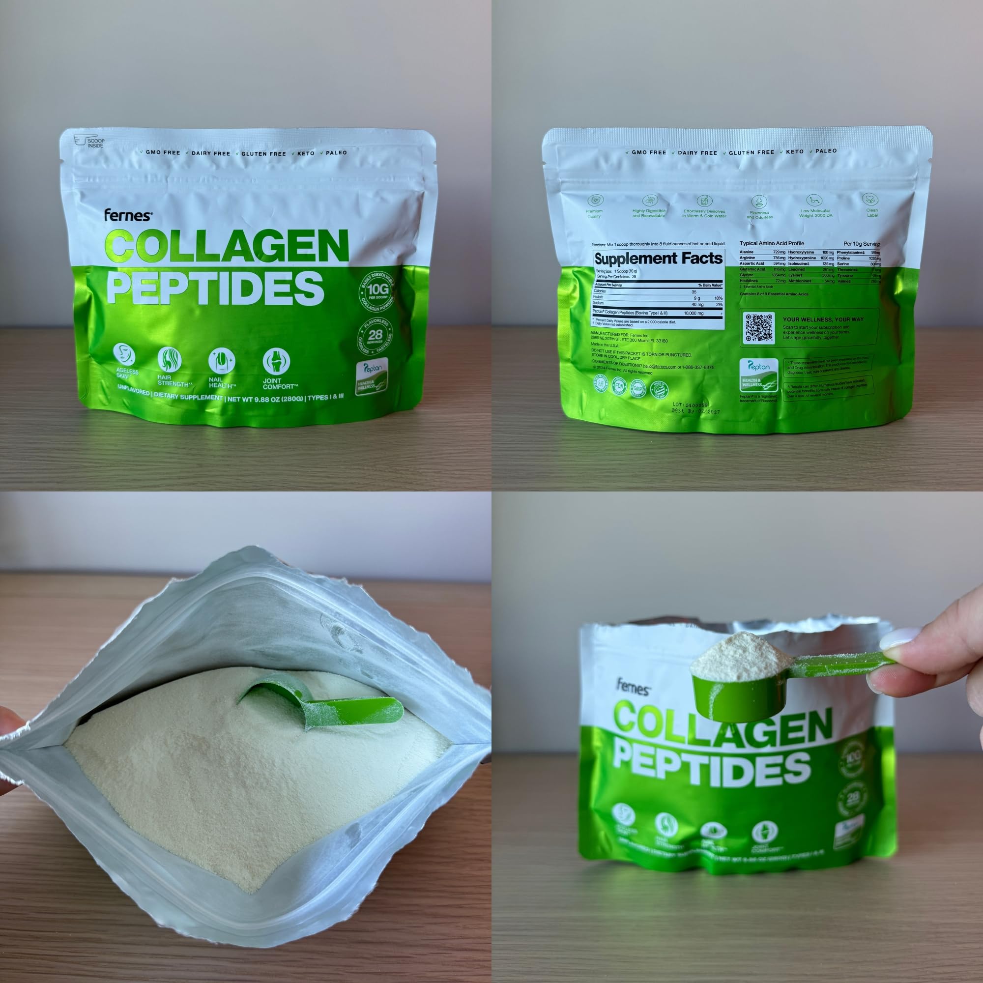 Fernes collagen peptides powder dissolving in water demonstrates quick absorption