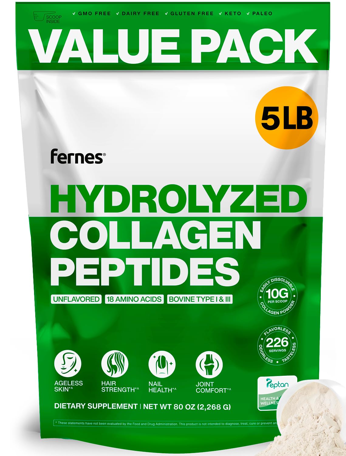Fernes collagen powder bottle front showing easy, daily-use packaging