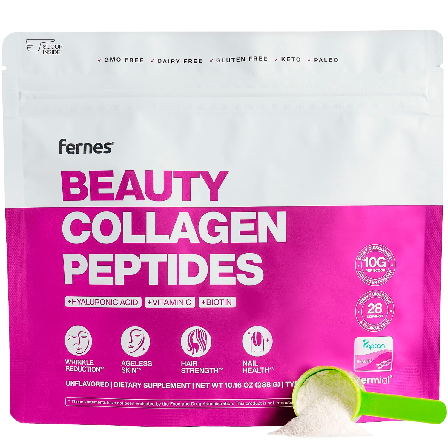Fernes Collagen powder bottle on a kitchen counter for daily beauty support.