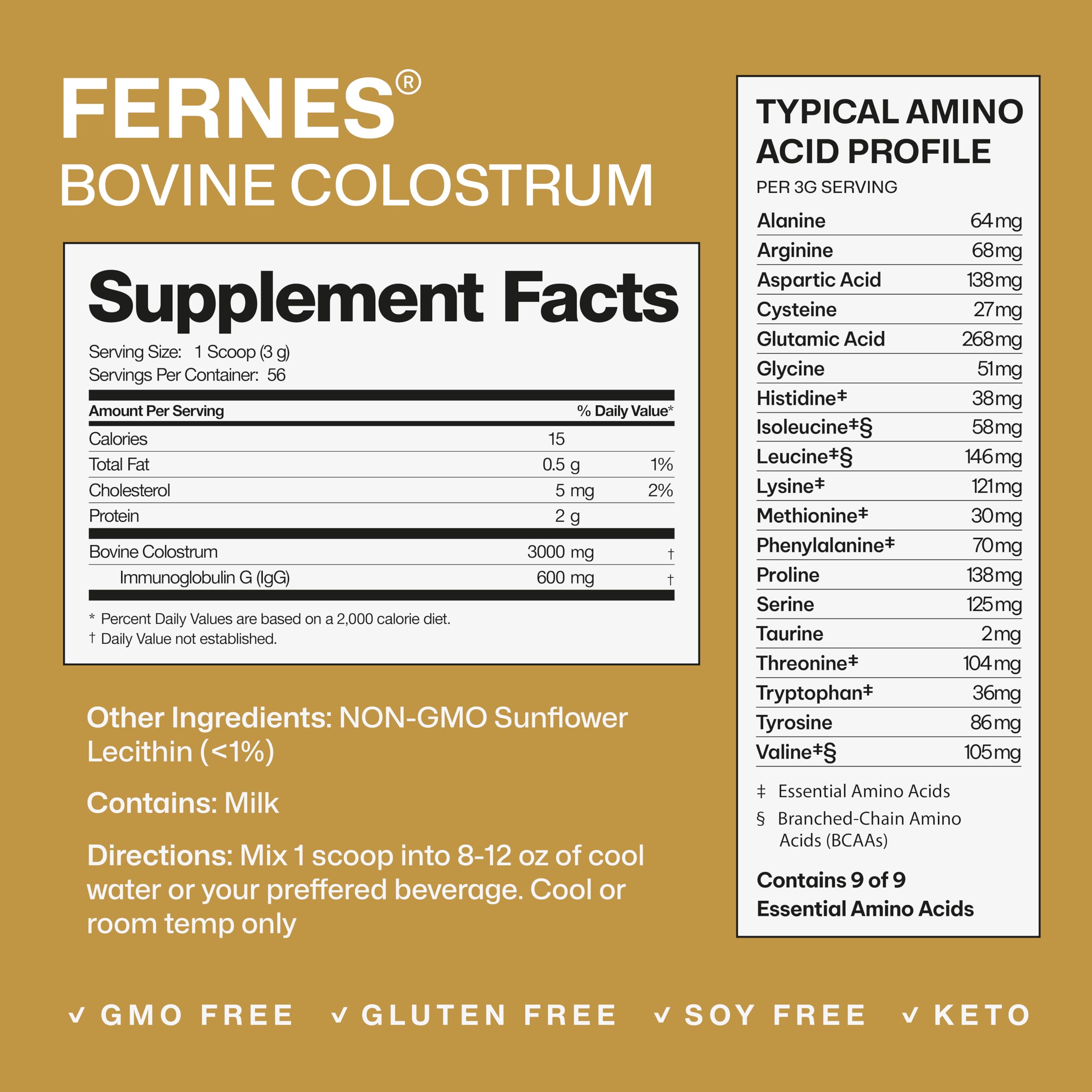 Fernes colostrum powder neutral flavor pour highlights versatile use in smoothies.