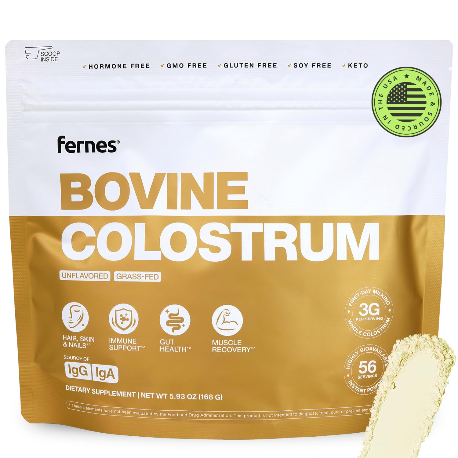 Fernes first day milking bovine colostrum powder bottle for easy daily blending in beverages.