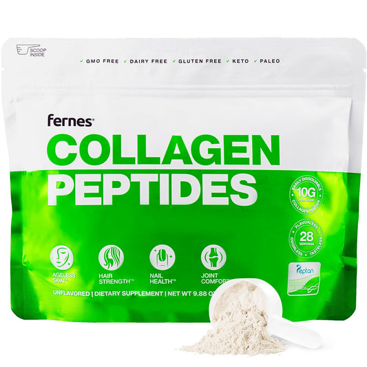 Fernes hydrolyzed collagen peptides powder bottle highlighting joint and skin benefits