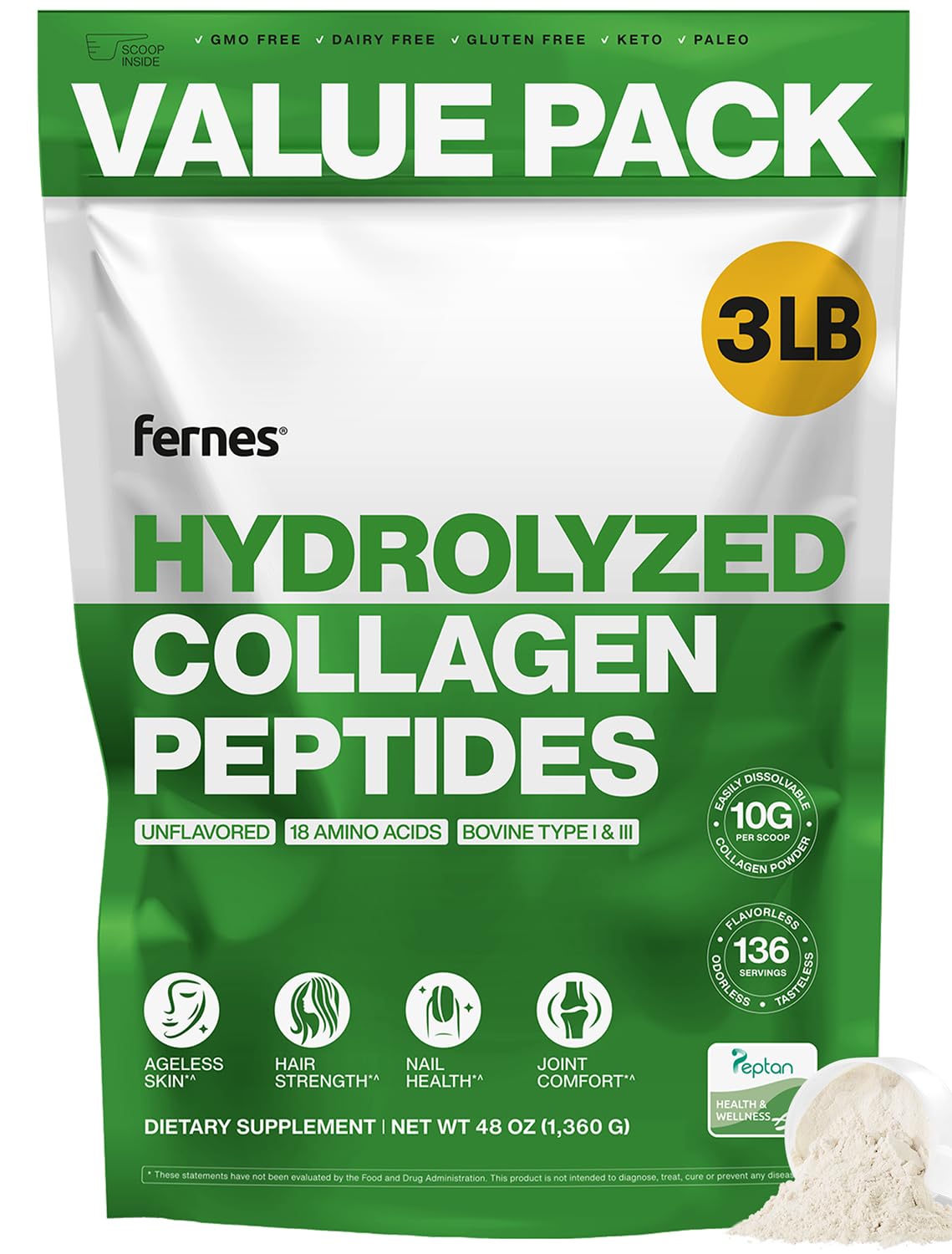 Fernes hydrolyzed collagen powder tub supports skin and joints.