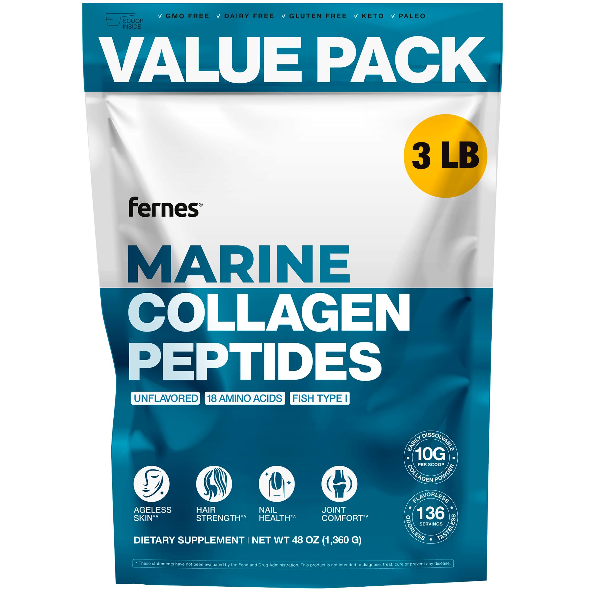 Fernes Marine Collagen bottle pouring into a glass for daily joint and skin support.