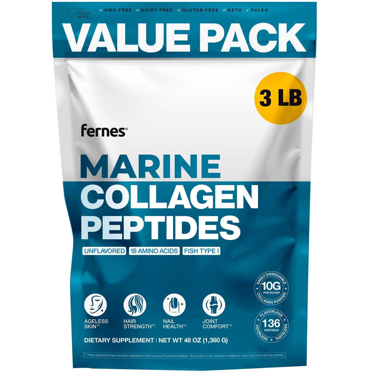 Fernes Marine Collagen bottle pouring into a glass for daily joint and skin support.