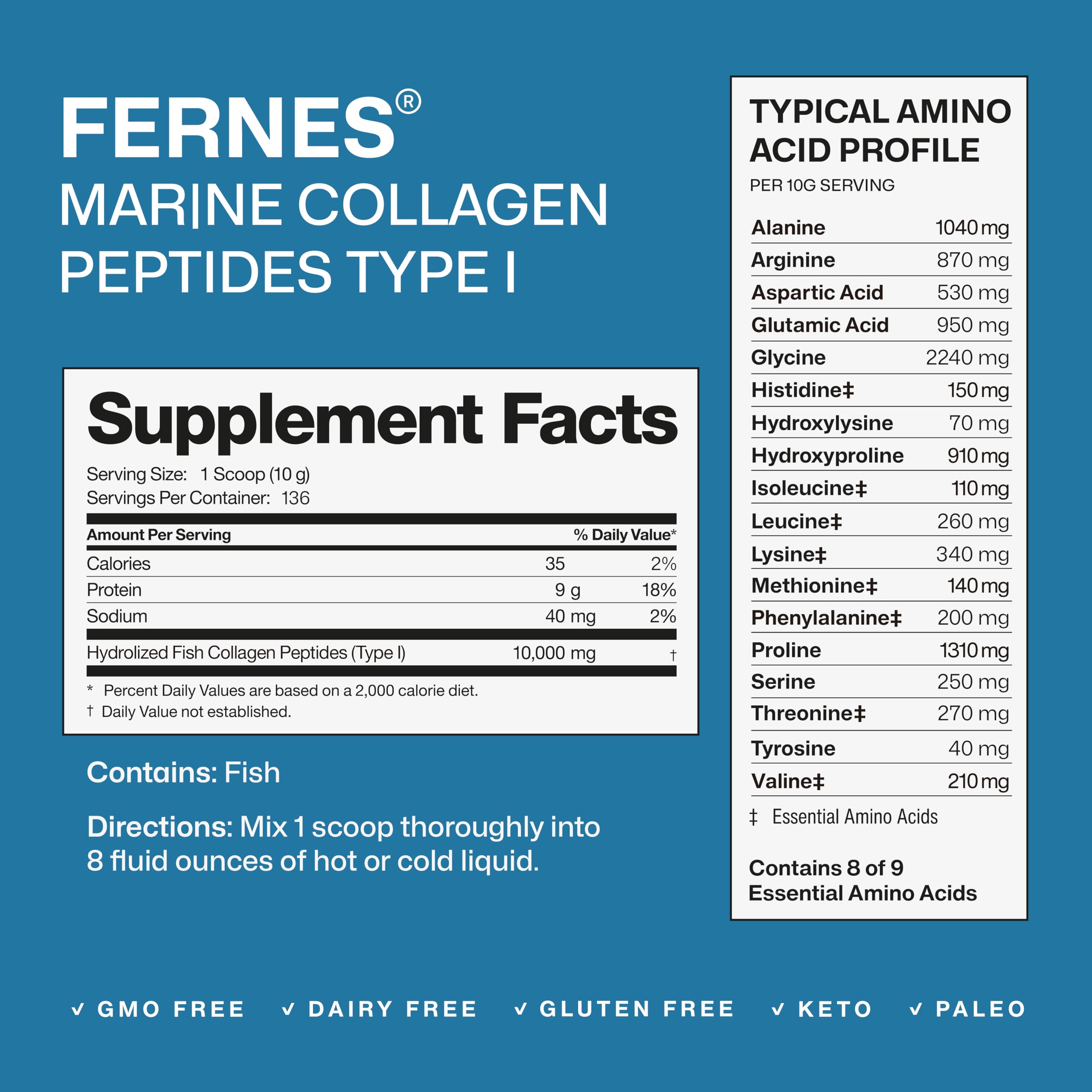 Close-up of Fernes label highlighting Type I fish collagen peptides.