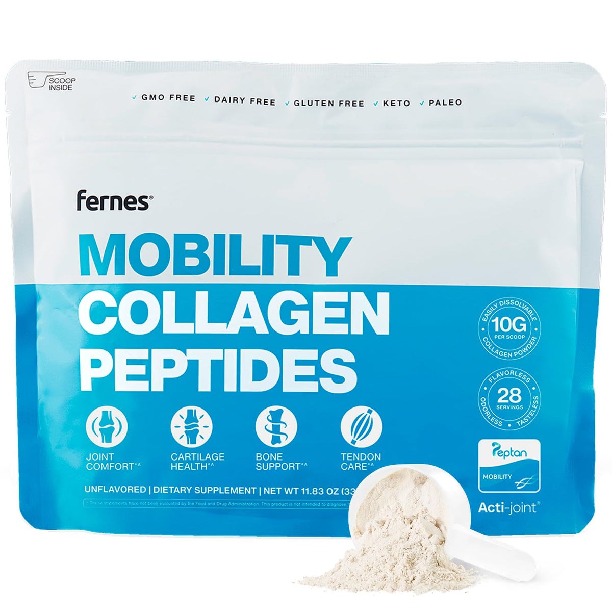 Fernes Mobility collagen powder tub shows the product and potential joint support.