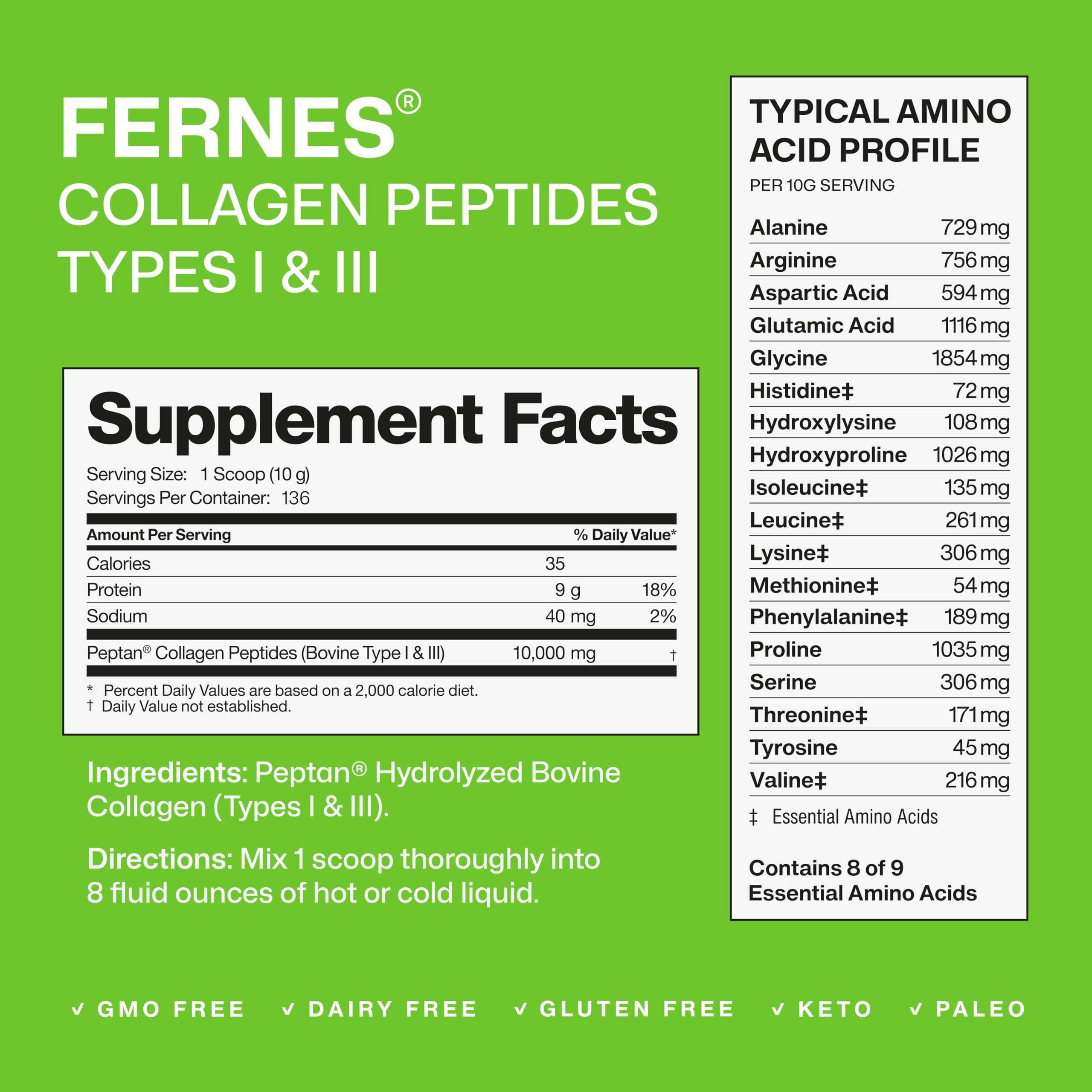 Fernes Peptan collagen with 18 amino acids for hair, skin, and nails.