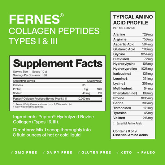 Fernes Peptan collagen with 18 amino acids for hair, skin, and nails.
