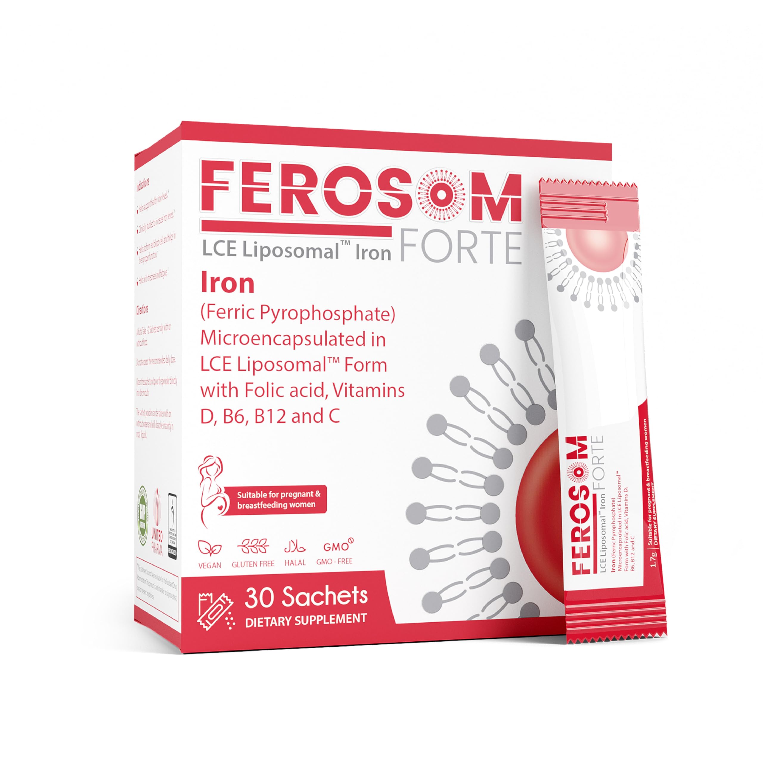 FEROSOM FORTE liposomal iron bottle pour for easy daily dosing and gentle iron.
