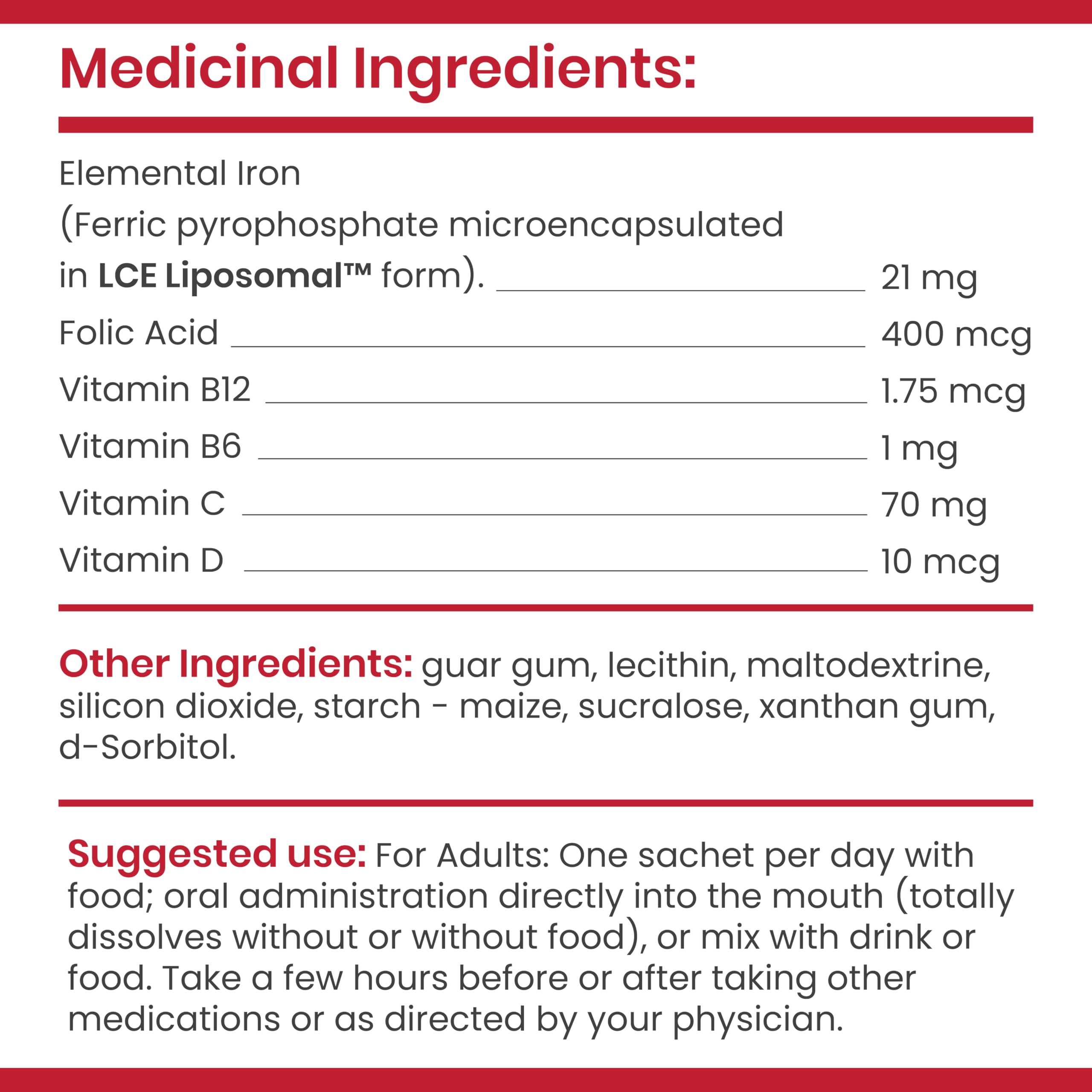 FEROSOM FORTE ingredients panel highlights B12, B6, C, D.