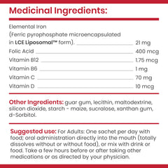 FEROSOM FORTE ingredients panel highlights B12, B6, C, D.