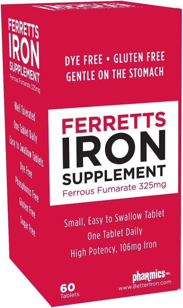 Ferretts Iron Tablets 325mg bottle front showing daily iron support for energy.
