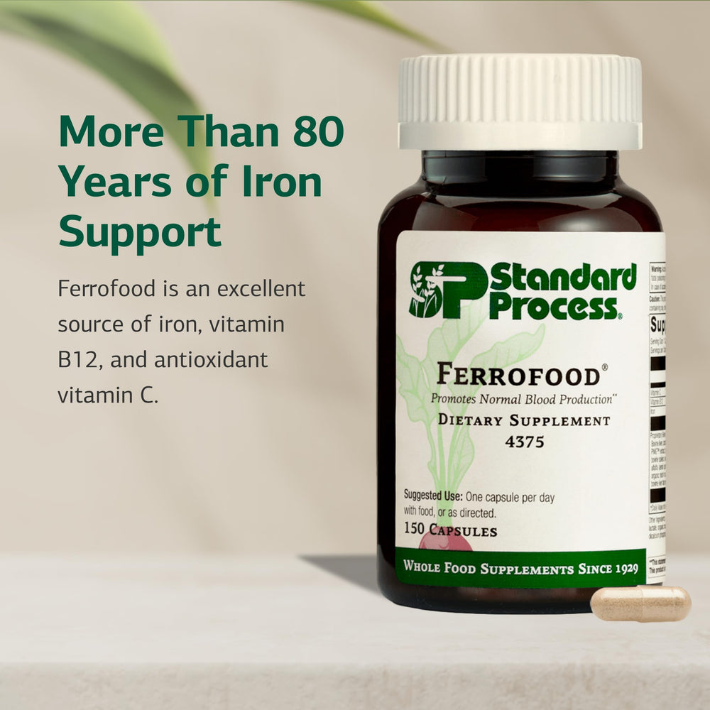 Ferrofood ingredients bottle close-up featuring iron and vitamin C content