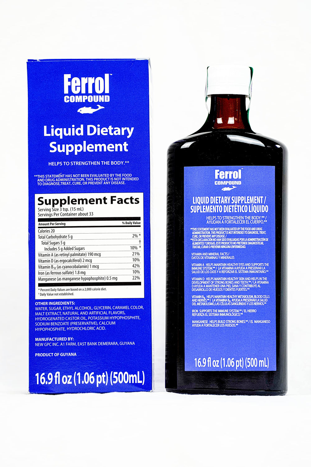 Ferrol Compound bottle front view, iron-rich liquid dietary supplement for daily wellness.