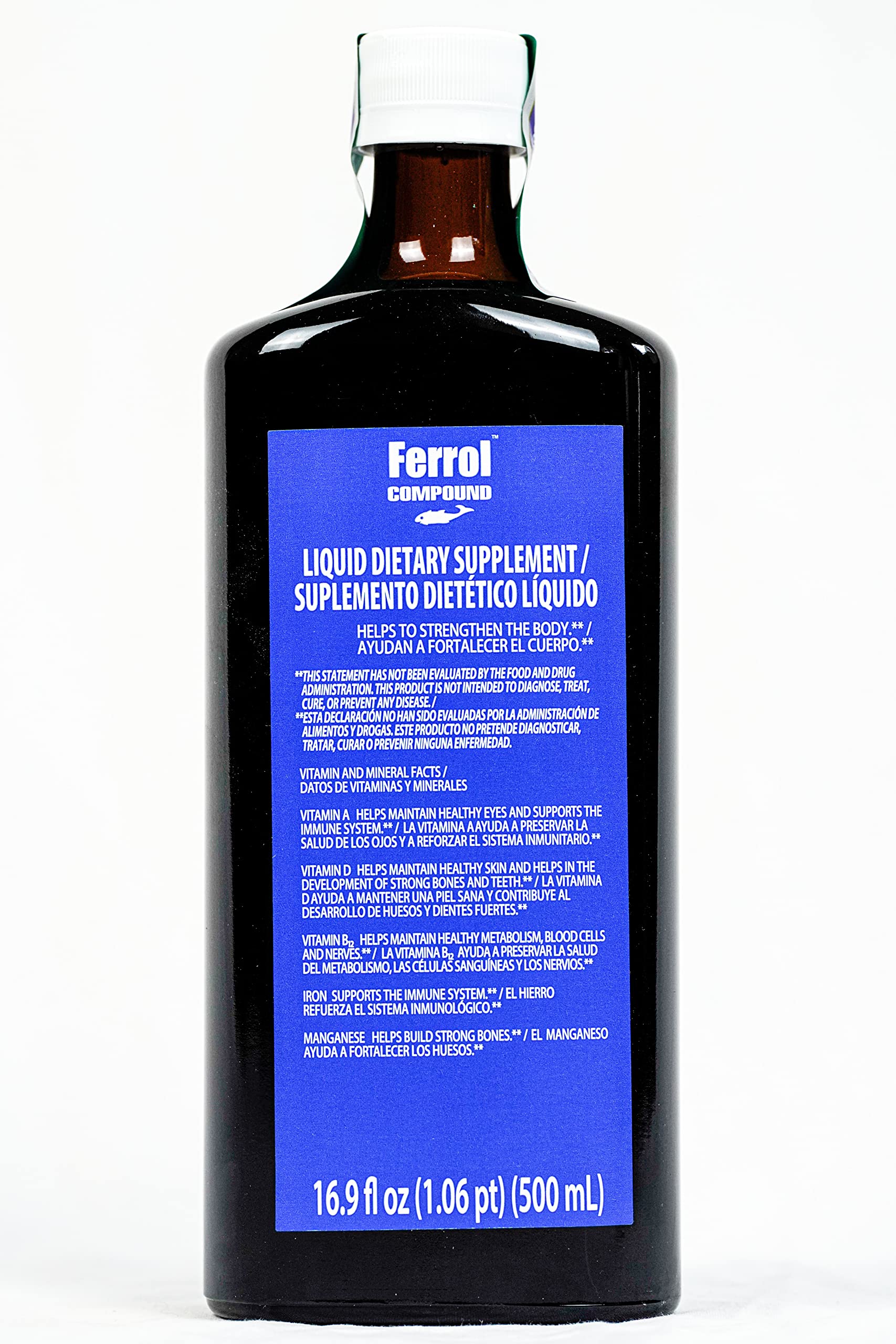 Ferrol Compound label closeup highlighting vitamins and minerals in the blend.