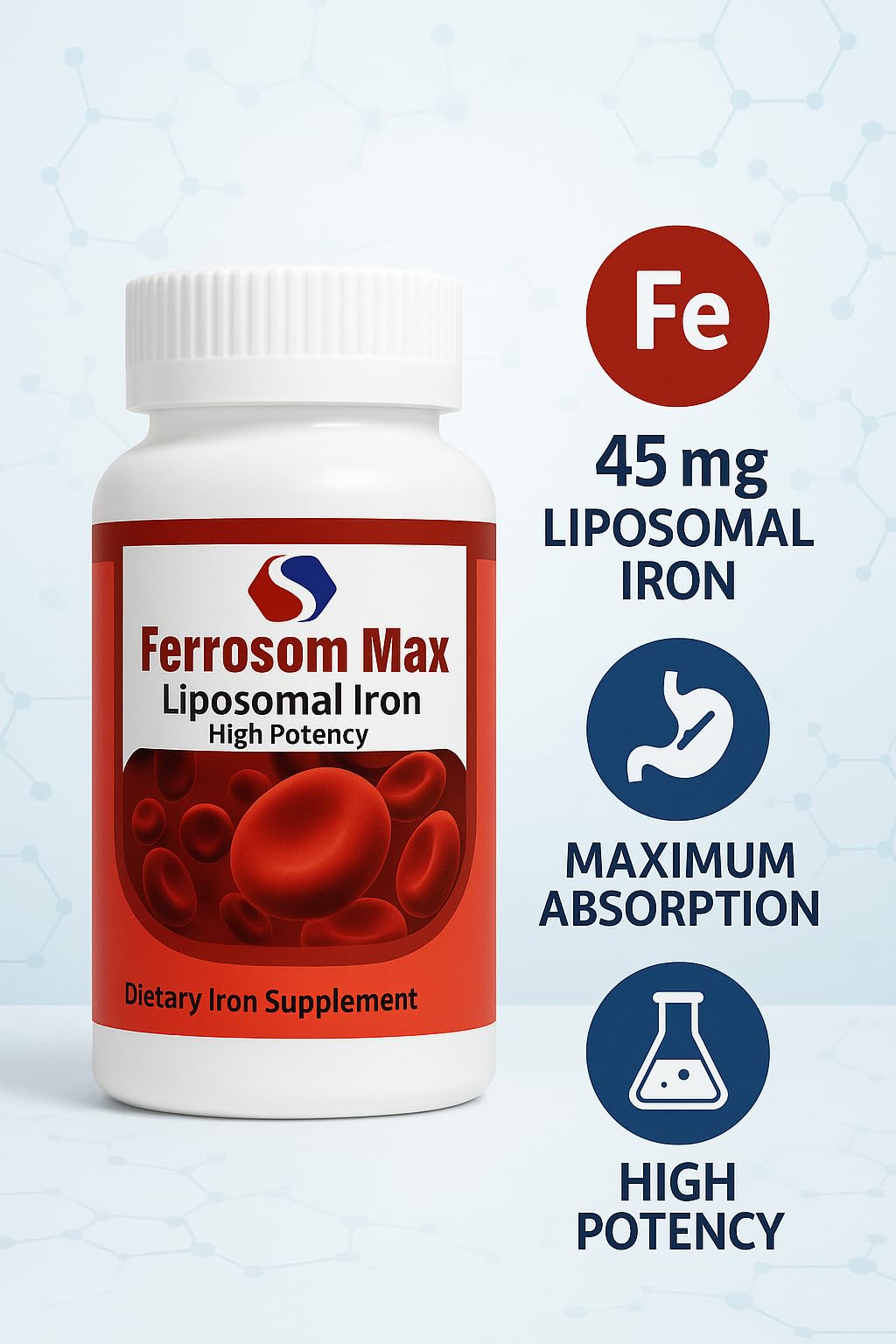 Ferrosom Max gluten-free and dairy-free badge confirms dietary options