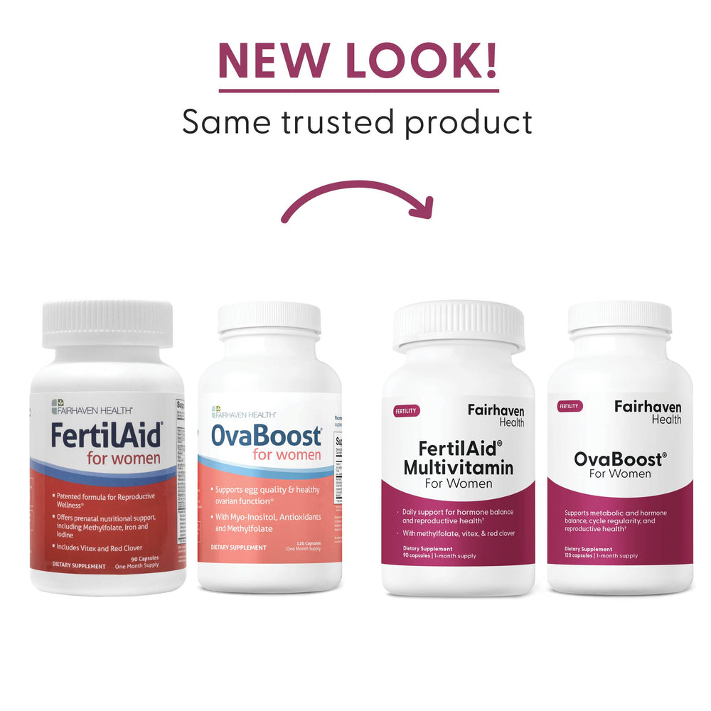 FertilAid and Ovaboost combo packaging for a 1-month supply