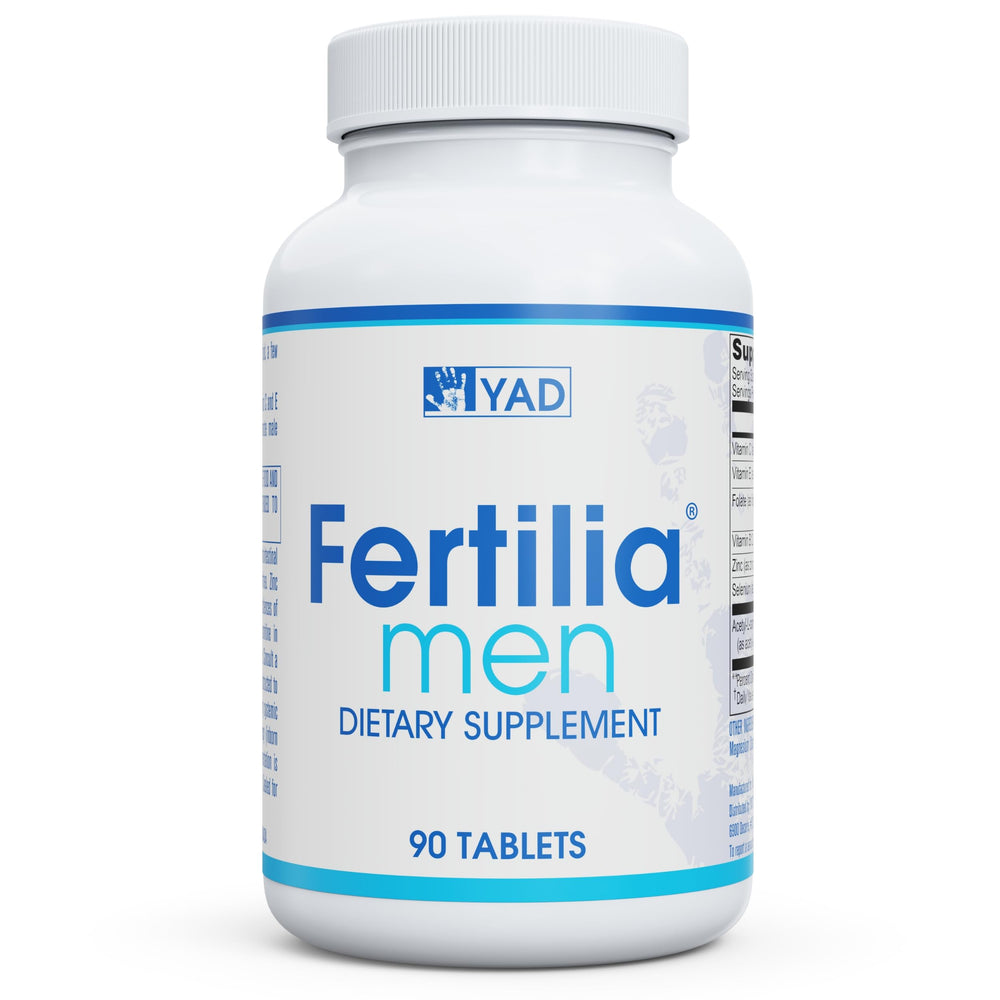 Fertilia Men bottle front view with a 90-count supply for daily fertility support.