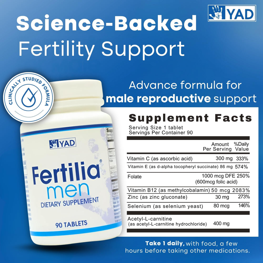 Fertilia Men label back highlights non-GMO and gluten-free notes.