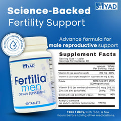Fertilia Men label back highlights non-GMO and gluten-free notes.
