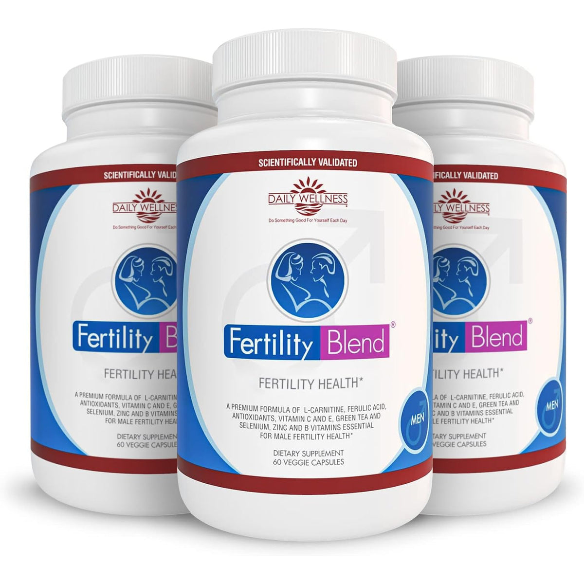 Fertility Blend Daily Wellness for Men bottle emphasizes preconception wellness and ease of use.