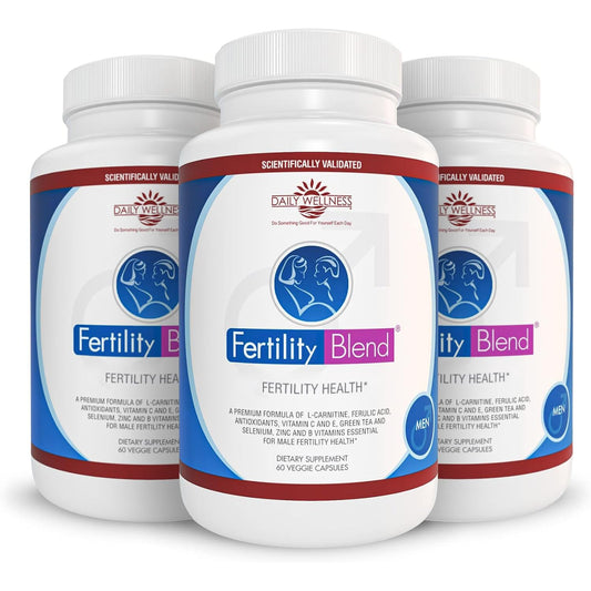 Fertility Blend Daily Wellness for Men bottle emphasizes preconception wellness and ease of use.