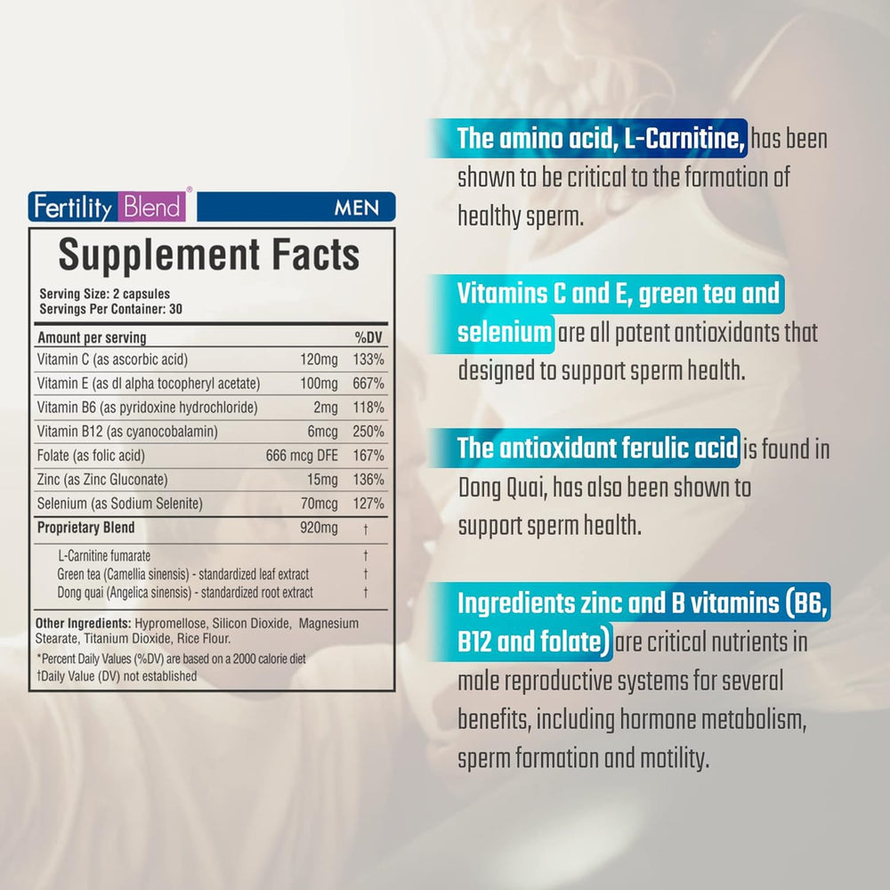 Fertility Blend ingredient blend shows vitamins and herbs for supporting daily preconception health.