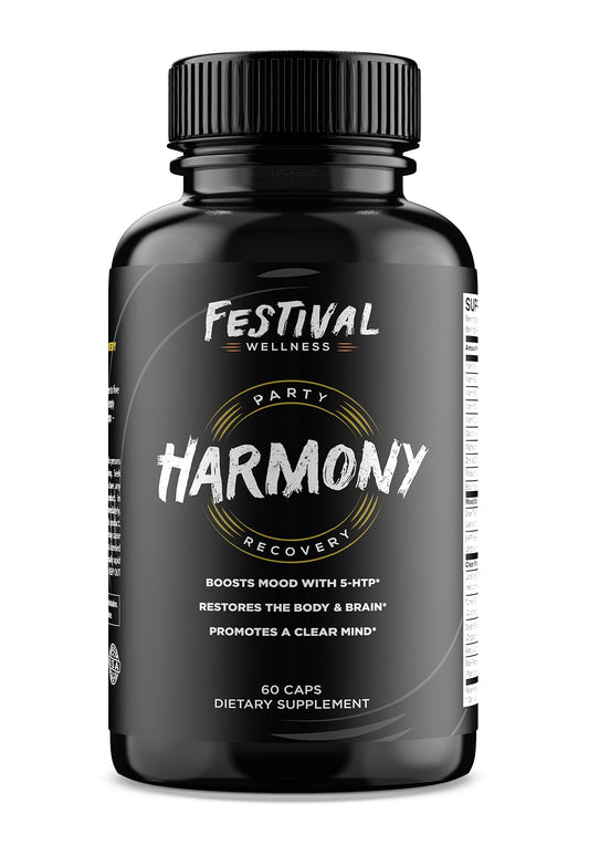Festival Wellness Harmony bottle shown for post-festival recovery and mood support.