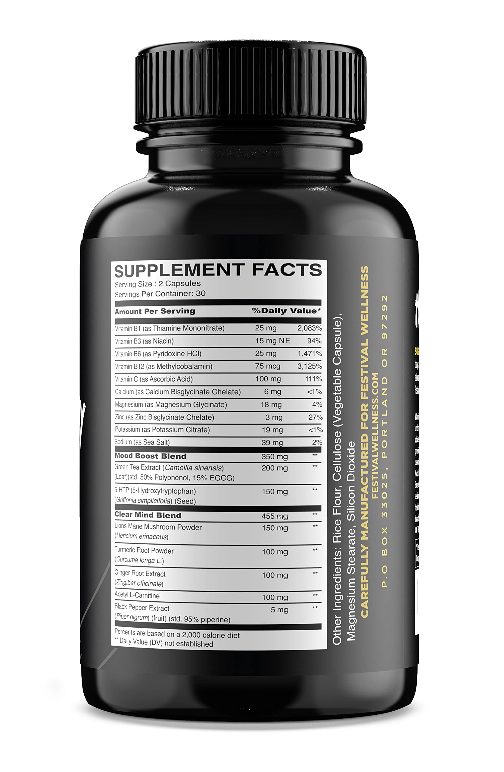 Harmony capsules close-up highlighting 5-HTP and B vitamins for recovery.