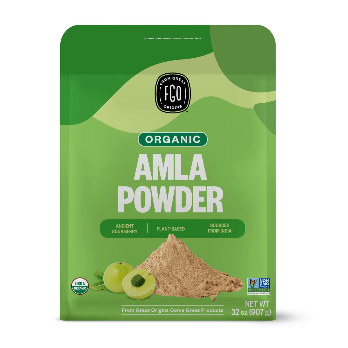 FGO Organic Amla Powder 32oz bag with resealable seal for freshness