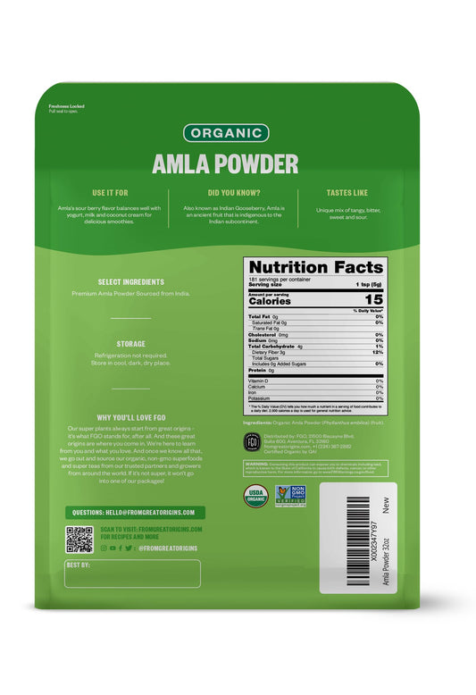 FGO Organic Amla Powder label close-up showing USDA Organic and Non-GMO seals