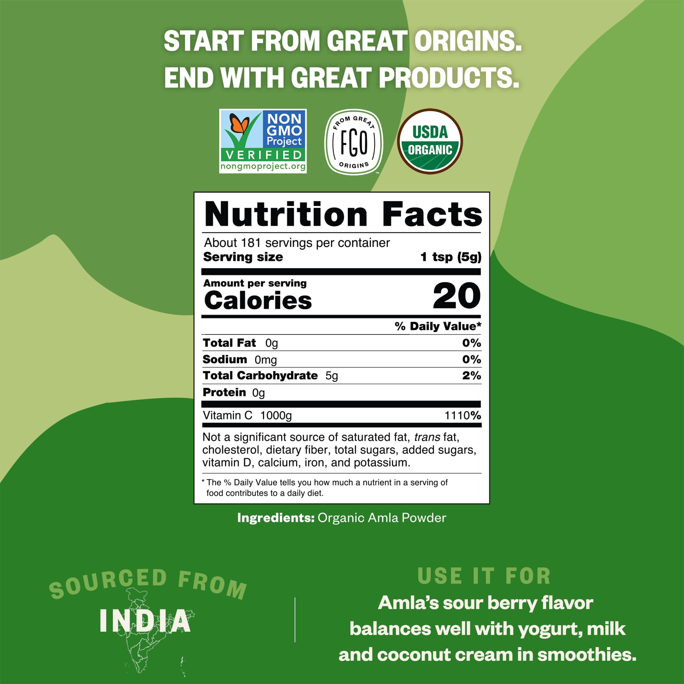 FGO Organic Amla Powder scoop beside bag for easy measuring