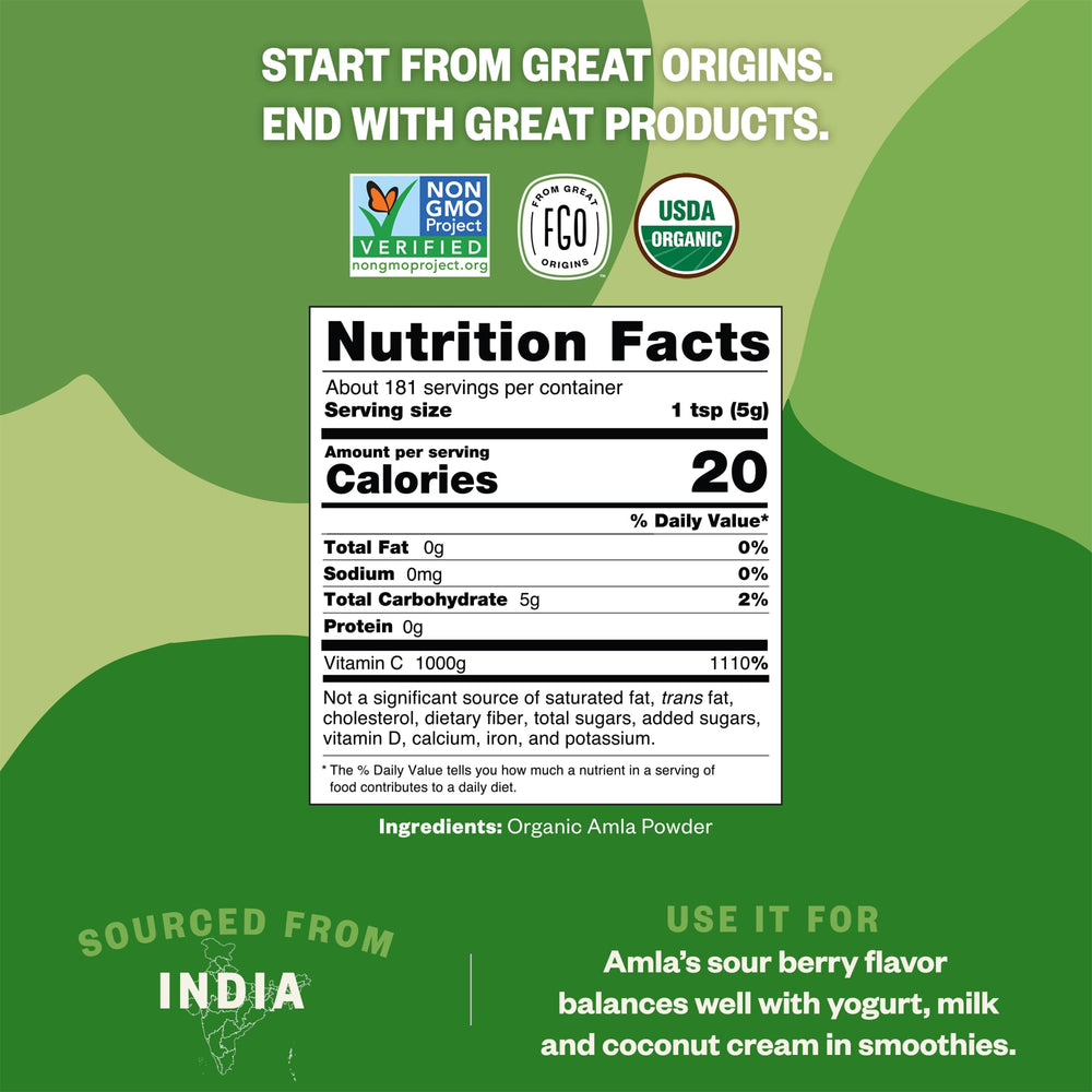 FGO Organic Amla Powder scoop beside bag for easy measuring
