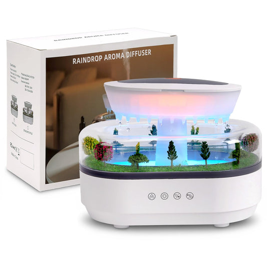 FHNUVB Cloud Rain humidifier shown with rainfall design for a peaceful bedroom.